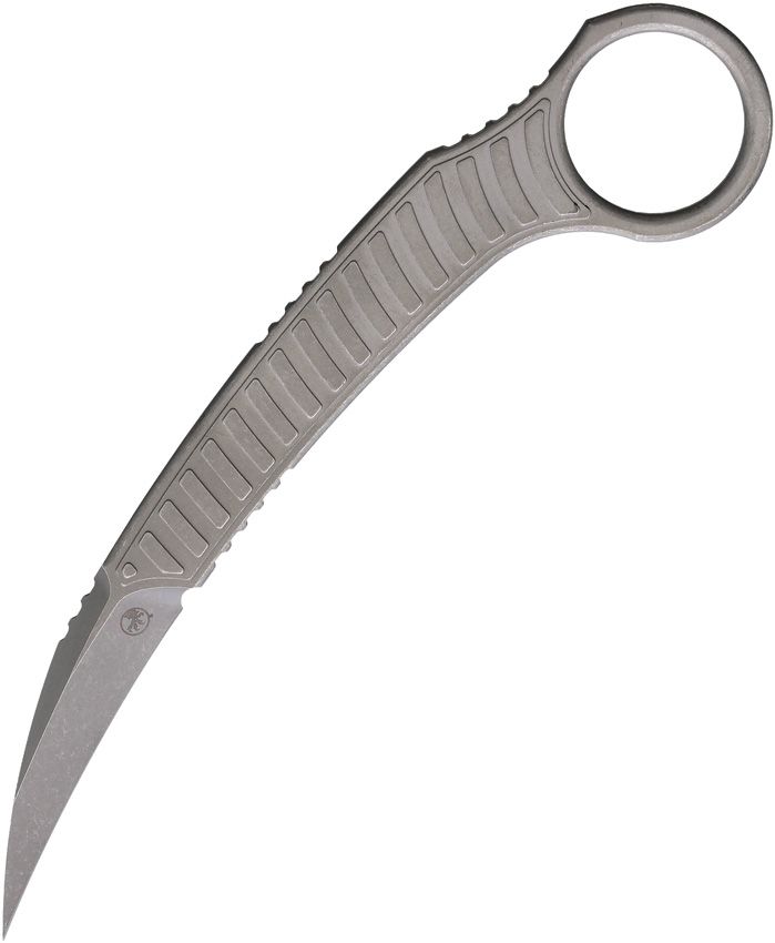 Gray utility knife with a curved, retractable blade and a circular finger loop handle.