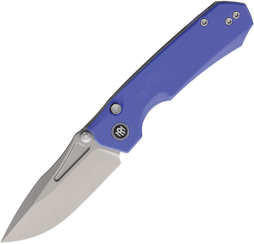 Blue folding knife with a silver drop-point blade extended from a textured blue handle, featuring visible screws and a brand emblem on the handle.