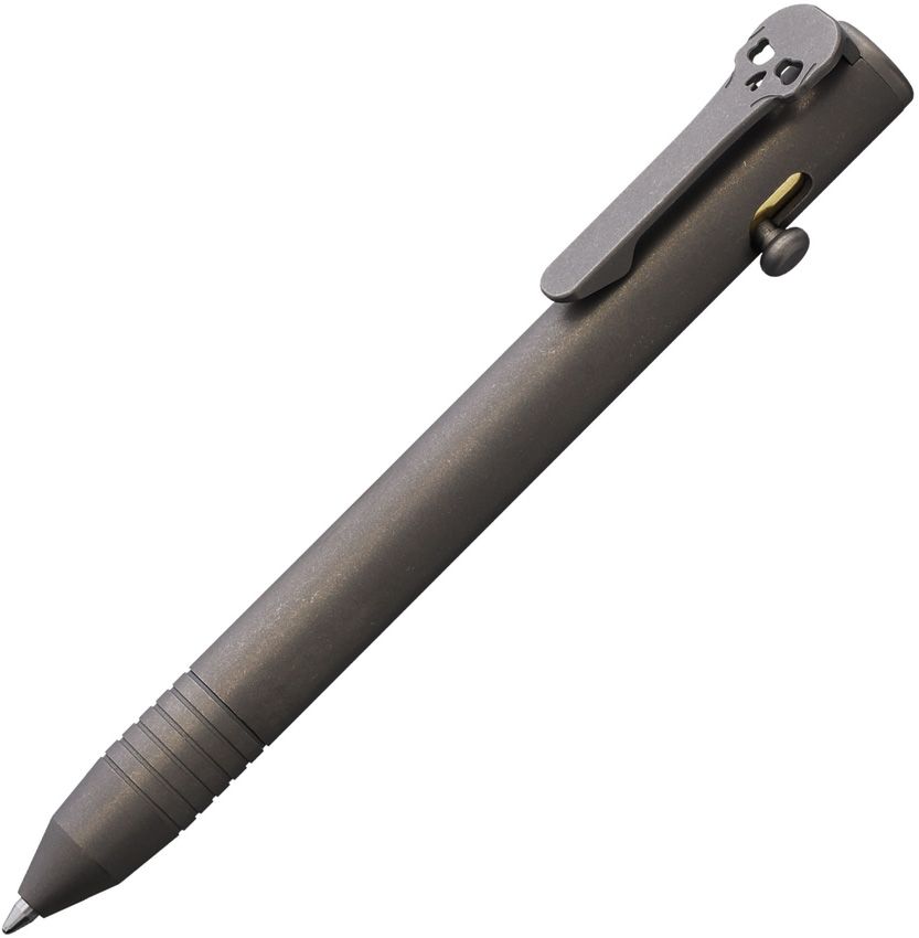 Gray tactical pen with clip and glass-breaker tip, shown at angled view for everyday carry use.