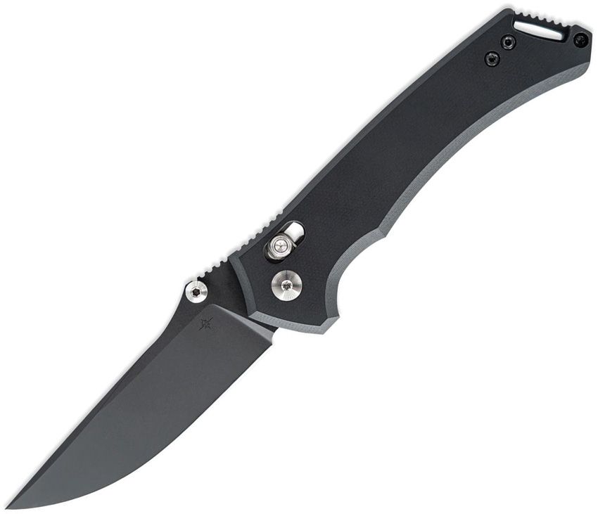Folding pocket knife with a black textured handle and gray drop-point blade, partially opened and secured with screws and a locking mechanism.