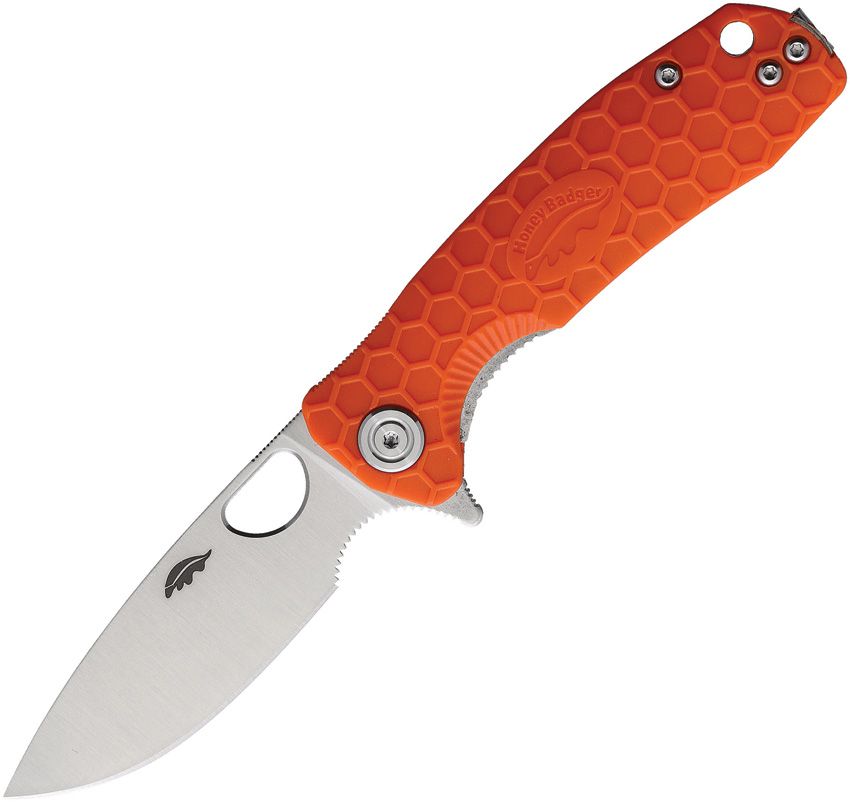 Orange textured folding knife with a silver blade, thumb hole near the base, and serrated edge on the blade.