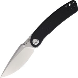 Open folding pocket knife with a black textured handle and a silver drop-point blade visible at an angle.