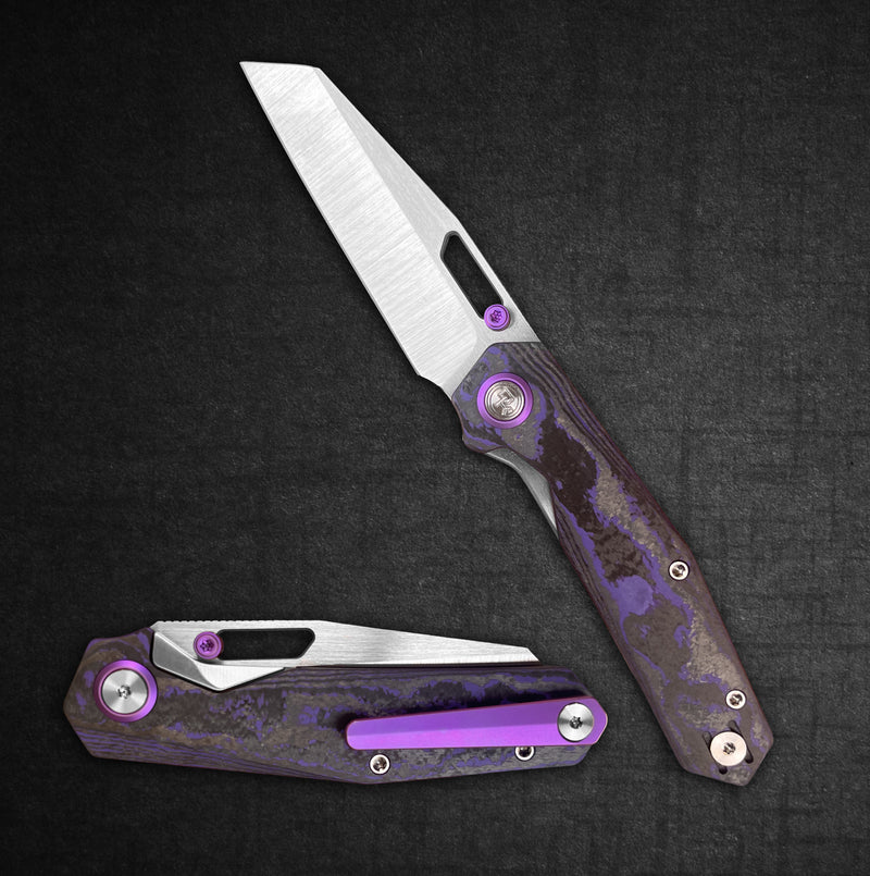 Open and closed folding knife with a silver blade and purple-accented marbled handle on a dark textured background, showcasing both configurations.