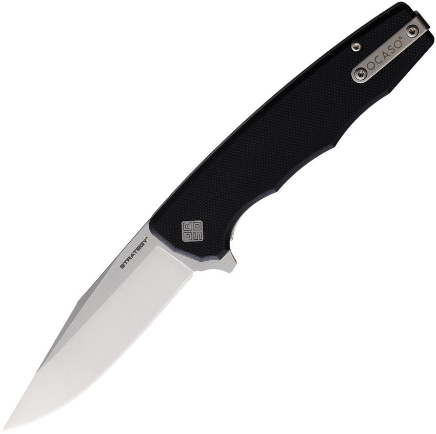 Folding knife with a black textured handle and a silver drop-point blade, partially opened, with brand markings visible on blade and handle.