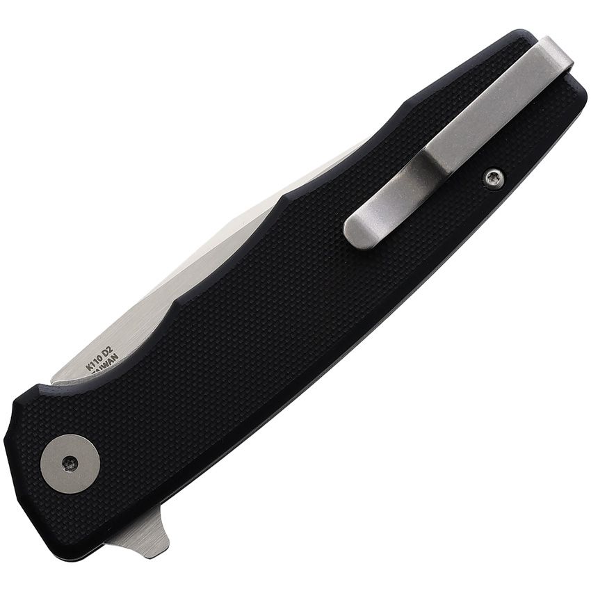 Black textured folding knife with a partially extended stainless steel blade and metal pocket clip on the handle