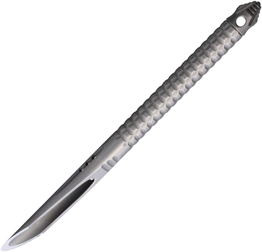 Fixed-blade tactical knife with a knurled gray handle and silver blade.