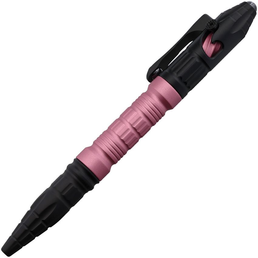Pink tactical pen with a black grip and clip, shown at an angle to highlight the twist mechanism and tip, a compact self-defense writing instrument.