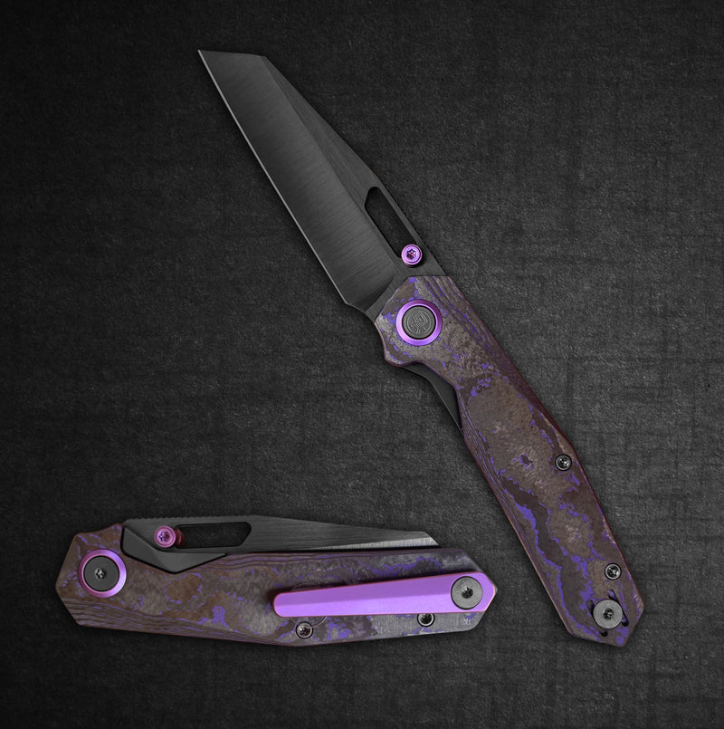 Open and closed folding knife with a dark blade and purple-patina handle on a black textured background in a two-position display.