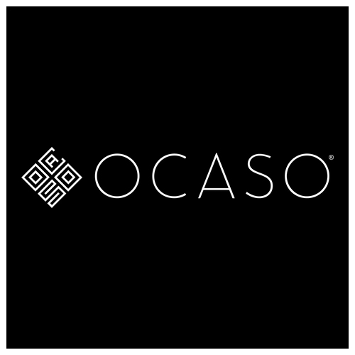 OCASO logo: white geometric emblem and wordmark on a black square background