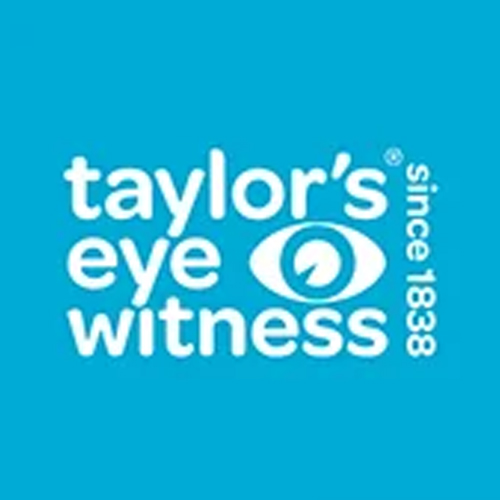 Taylor's Eye Witness logo on a blue background featuring an eye symbol and the words 'Since 1838'.