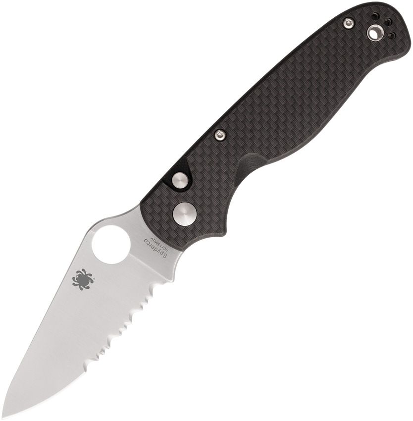 Folding pocket knife with a black textured handle, serrated blade, and a round hole near the blade base (Spyderco logo visible).